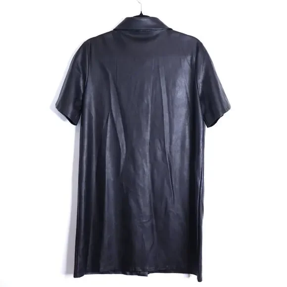 TUCKERNUCK NWT Leather Violetta Shirt Dress Black Short Sleeves Women's M - Picture 2 of 13